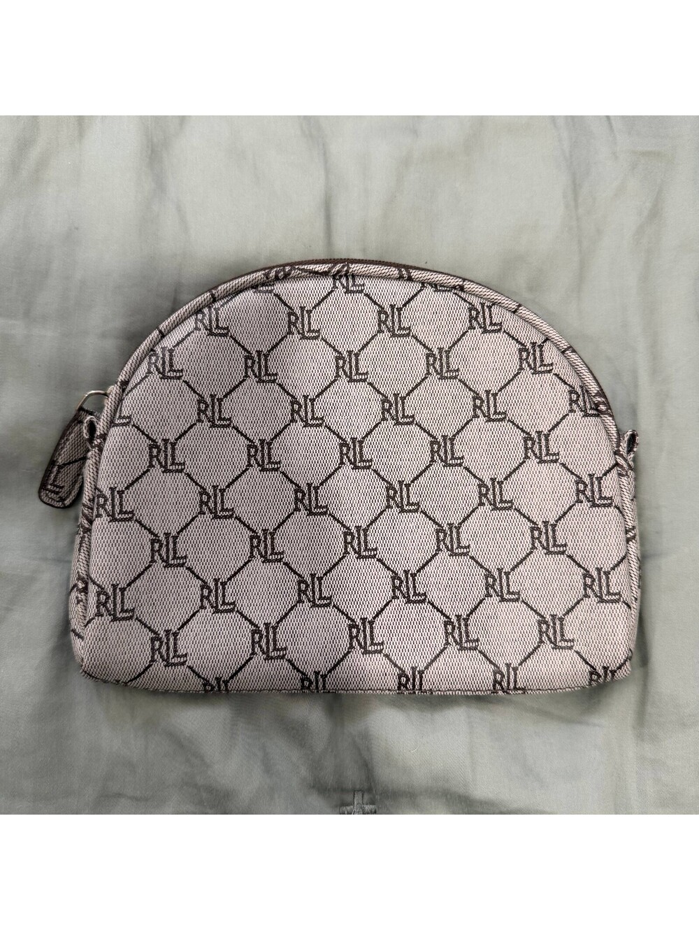 Lauren Ralph Lauren RL Monogram Cosmetic Bag Makeup Pouch Beige Brown Zip